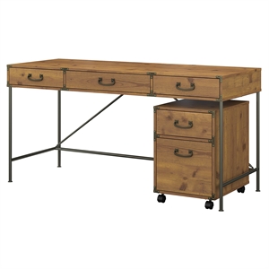 Ironworks 60W Desk with Mobile File Cabinet in Golden Pine - Engineered Wood