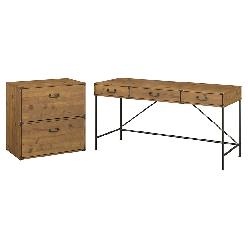 Ironworks 60w Desk With Lateral File Cabinet In Golden Pine Engineered Wood Iw014vg