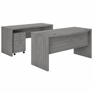 Echo Bow Front Desk & Credenza with Drawers in Modern Gray - Engineered Wood