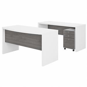 Echo Bow Front Desk & Credenza with Drawers in White and Gray - Engineered Wood