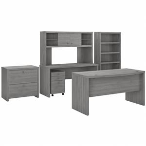 Echo Bow Front Desk Set with Hutch & Storage in Modern Gray - Engineered Wood