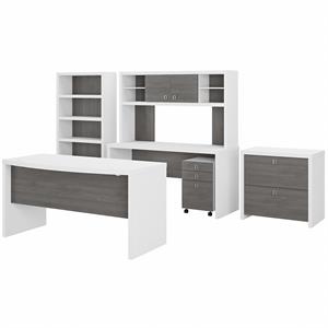 Echo Bow Front Desk Set with Hutch & Storage in White and Gray - Engineered Wood