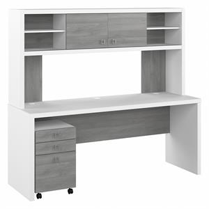 echo 72w computer desk with hutch & drawers in white and gray - engineered wood