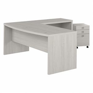Echo 72W Bow Front L Desk with Drawers in Gray Sand - Engineered Wood