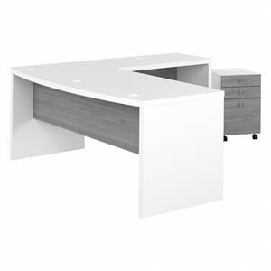 Echo 72W Bow Front L Desk with Drawers in White and Gray - Engineered Wood