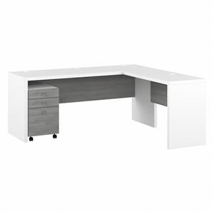 echo 72w l shaped computer desk with drawers in white and gray - engineered wood