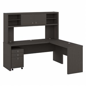 echo 72w l shaped desk with hutch & drawers in charcoal maple - engineered wood