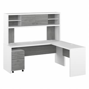 echo 72w l shaped desk with hutch & drawers in white and gray - engineered wood