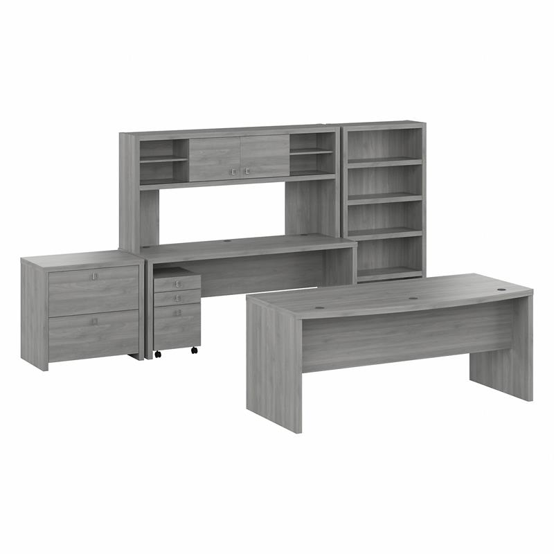 Office by Kathy Ireland Echo Bow Front Desk, Credenza with Hutch, Bookcase and File Cabinets Pure White/Modern Gray