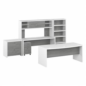 Echo 72W Bow Front Desk Set with Storage in White and Gray - Engineered Wood