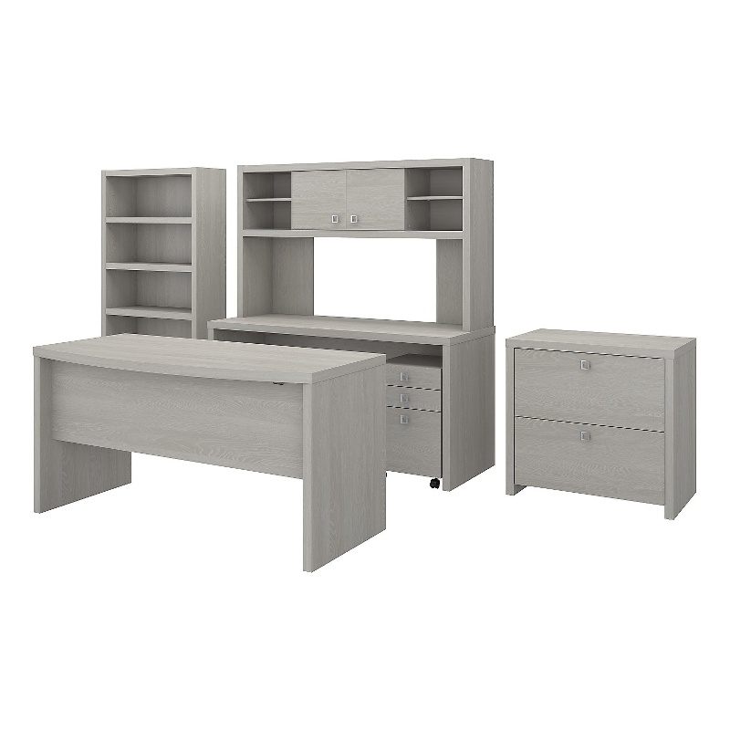 Echo Desk and Credenza Set with Hutch and Storage in Gray Sand Engineered Wood