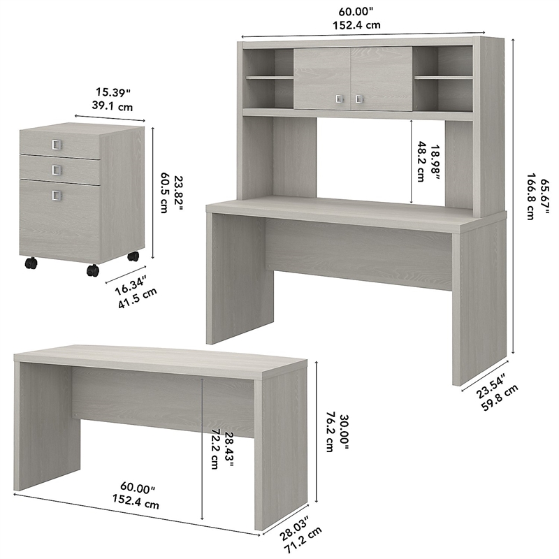 Echo Desk Set with Hutch and Mobile File in Gray Sand Engineered Wood