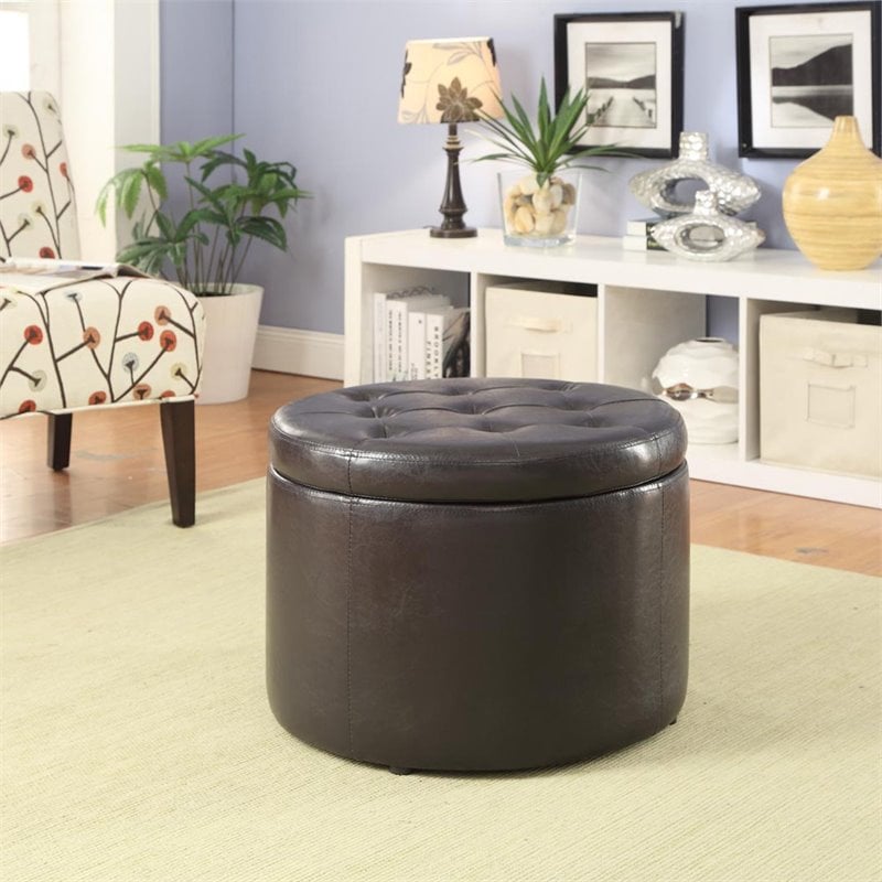 Convenience Concepts Designs4Comfort Round Ottoman in Espresso Faux Leather