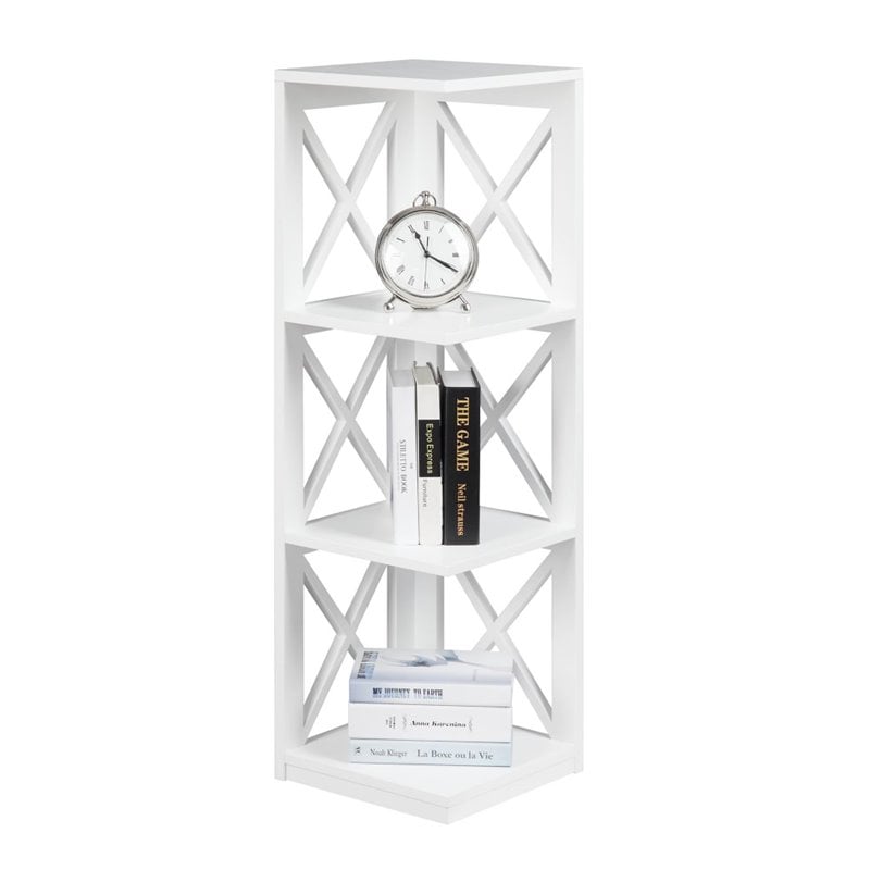 Convenience Concepts Oxford Three-Shelf Corner Bookcase in White Wood Finish