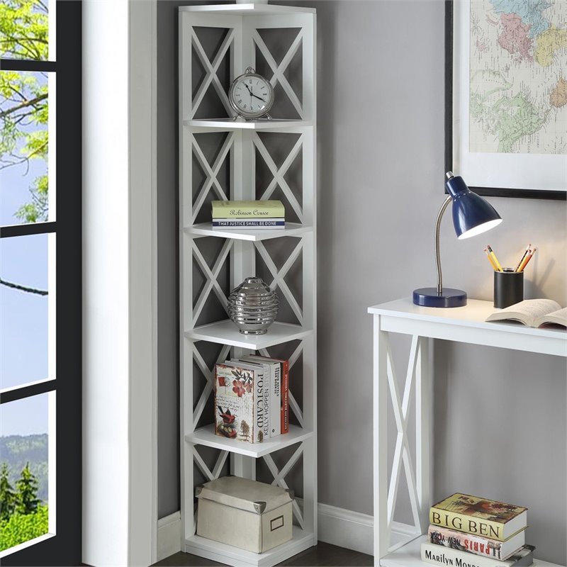 Convenience Concepts Oxford 5 Shelf Corner Bookcase in White Wood Finish