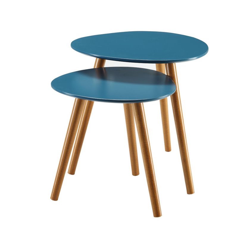 Convenience Concepts Oslo Two Piece Nesting Table Set in Blue Solid Wood Finish
