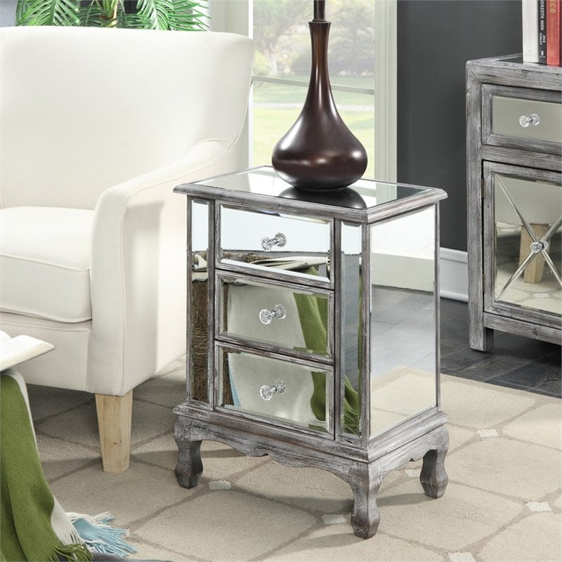 Gold Coast Vineyard 3Drawer Mirrored End Table in Weathered Gray Wood