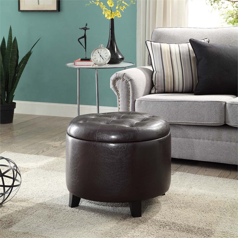 Convenience Concepts Designs4Comfort Round Ottoman in Espresso Faux Leather