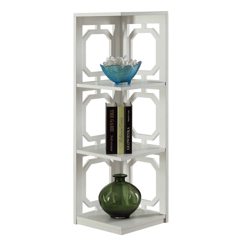 Convenience Concepts Omega Three-Shelf Corner Bookcase in White Wood Finish