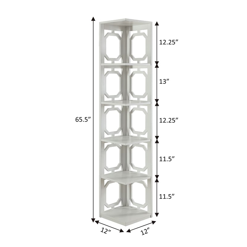 Convenience Concepts Omega Five-Shelf Corner Bookcase in White Wood Finish
