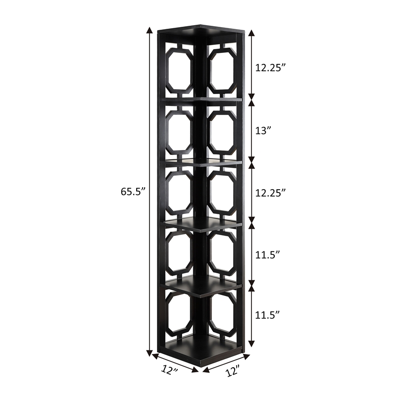 Convenience Concepts Omega Five-Shelf Corner Bookcase in Black Wood Finish