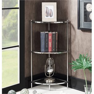 convenience concepts royal crest three-tier corner shelf in clear glass/ chrome
