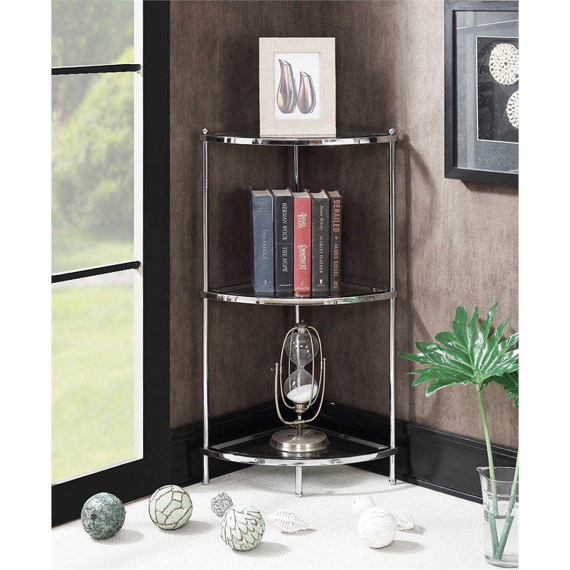 Convenience Concepts Royal Crest Three-Tier Corner Shelf in Clear Glass/ Chrome