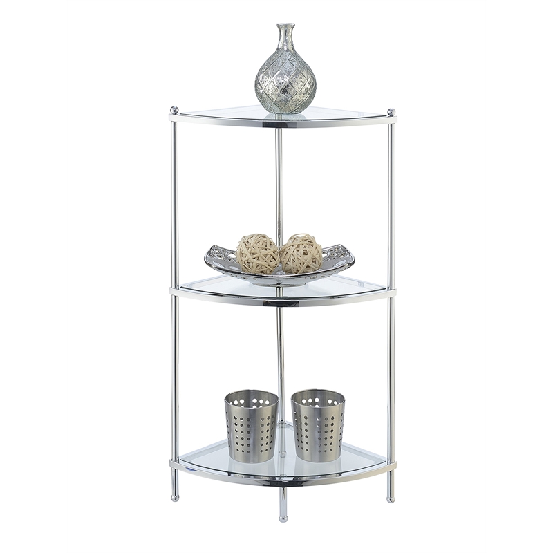 Convenience Concepts Royal Crest Three-Tier Corner Shelf in Clear Glass/ Chrome