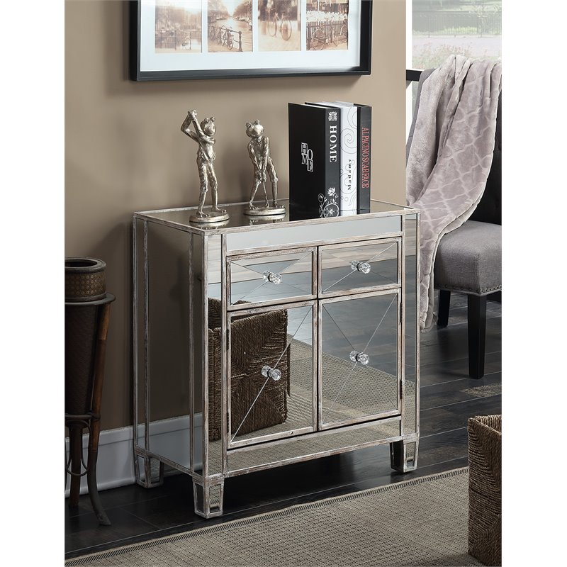 Gold Coast Vineyard Two Drawer Cabinet, White Wood And Mirrored Furniture