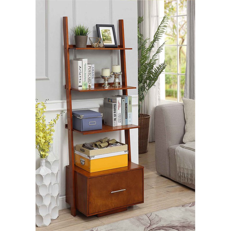 American Heritage Ladder Bookcase with File Drawer in Warm Cherry Wood