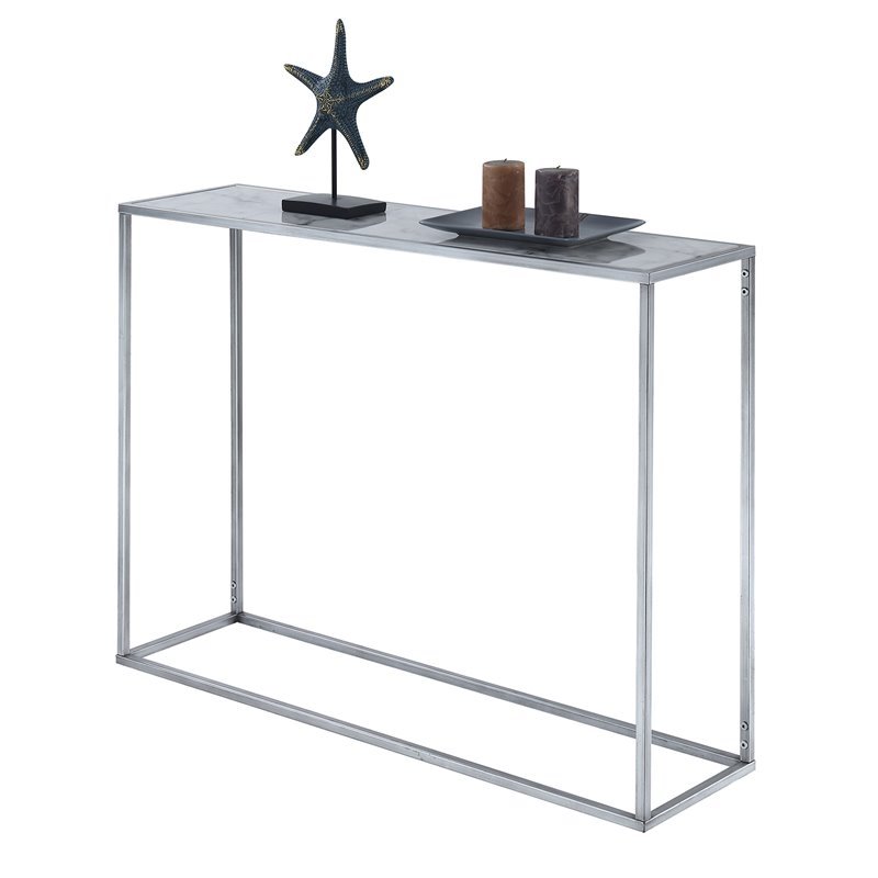 Convenience Concepts Gold Coast Faux Marble Console Table in Silver Metal Finish