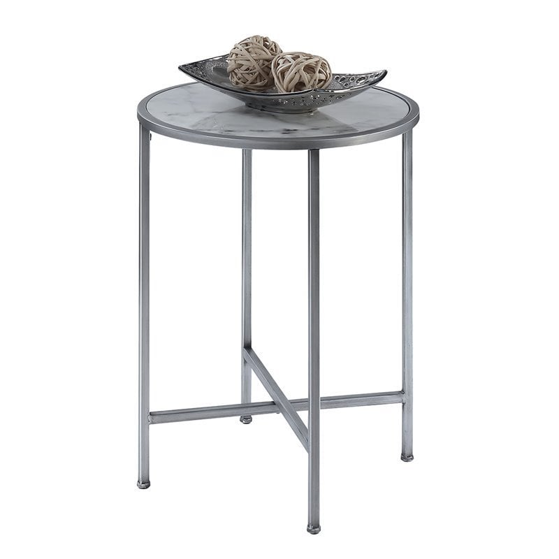 Convenience Concepts Gold Coast Faux Marble Round End Table- Silver Metal Frame