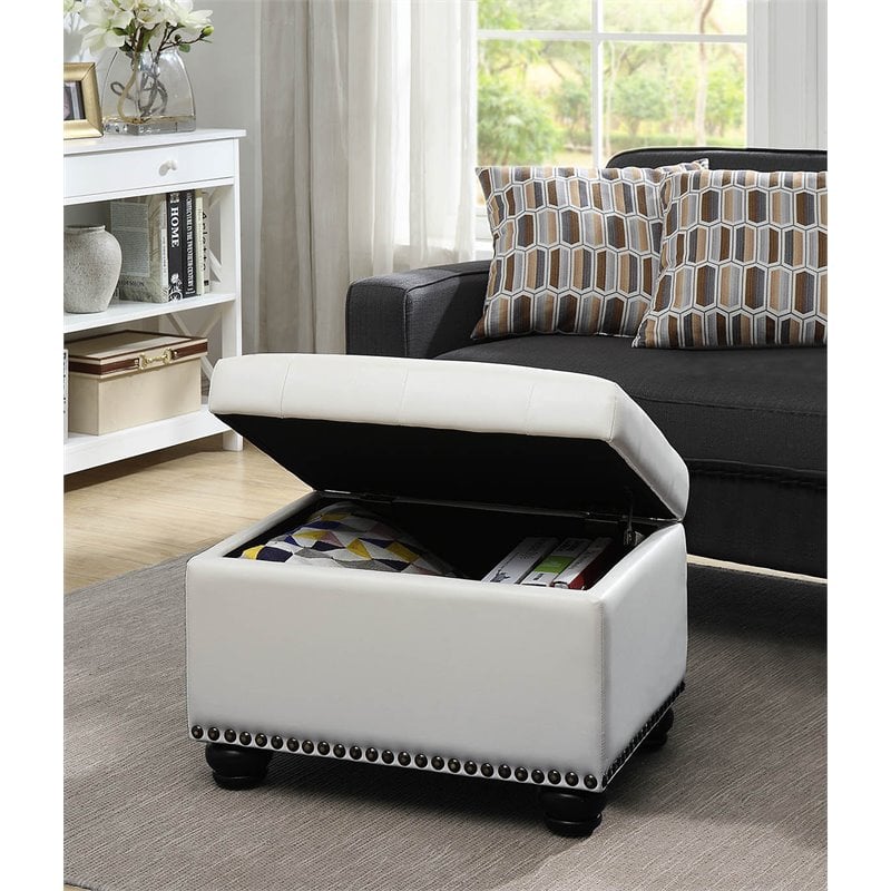 Designs4Comfort 5th Avenue Storage Ottoman in Ivory White Faux Leather Fabric