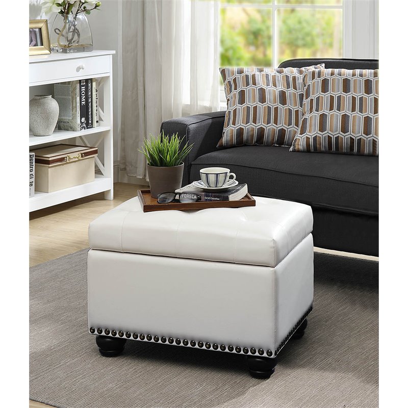 Designs4Comfort 5th Avenue Storage Ottoman in Ivory White Faux Leather Fabric