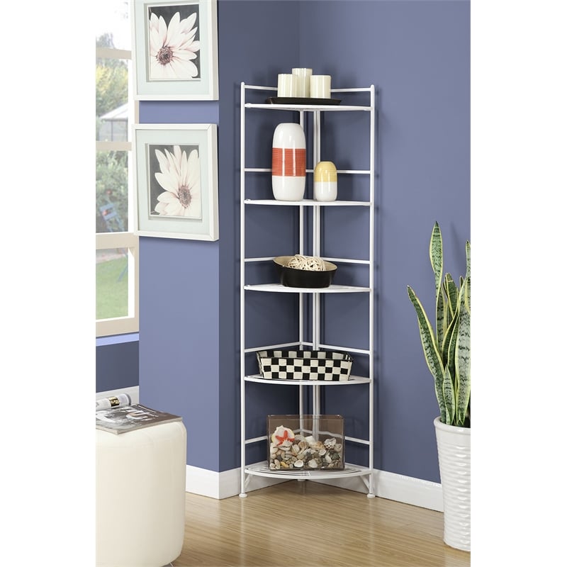 Convenience Concepts Xtra Storage Five-Tier Folding Corner Shelf in White Metal
