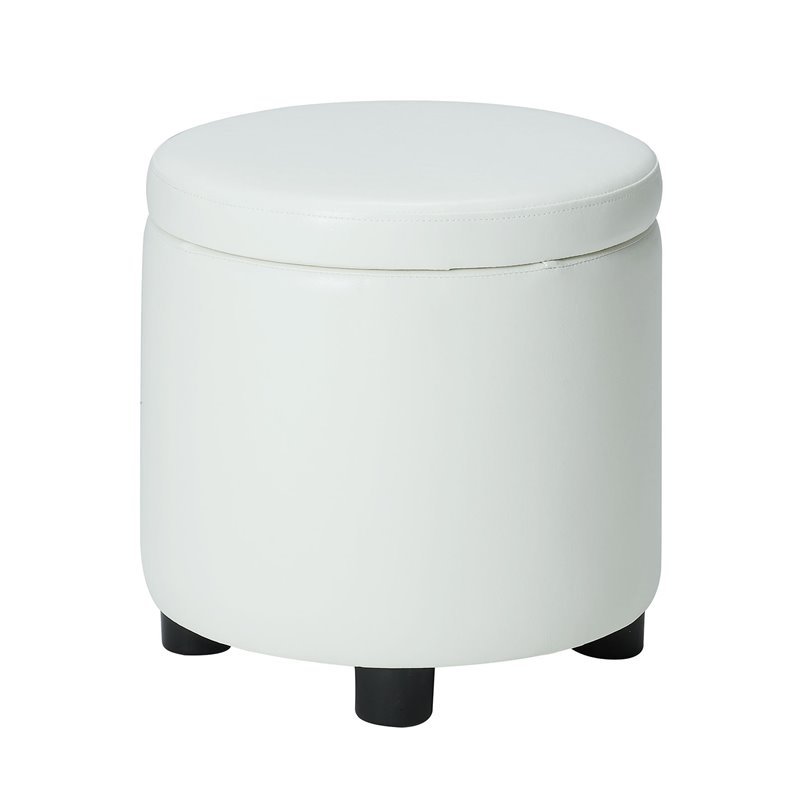 Designs4Comfort Round Accent Storage Ottoman in Ivory White Faux Leather Fabric