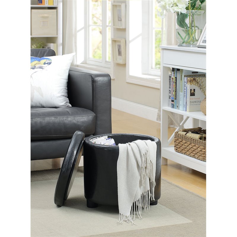 Designs4Comfort Round Accent Storage Ottoman in Black Faux Leather Fabric