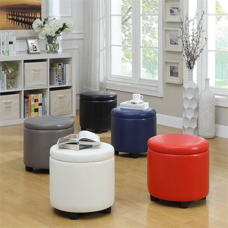Designs4Comfort Round Accent Storage Ottoman in Black Faux Leather Fabric