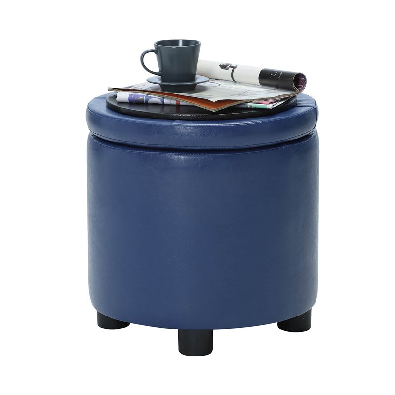 designs4comfort round accent storage ottoman in blue faux leather fabric