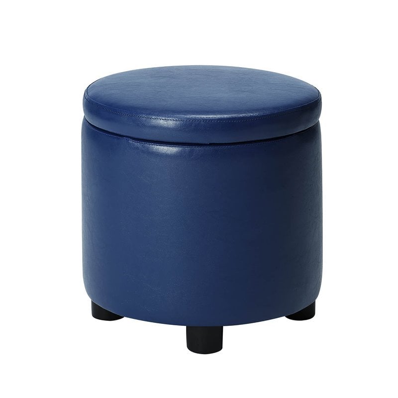 designs4comfort round accent storage ottoman in blue faux leather fabric