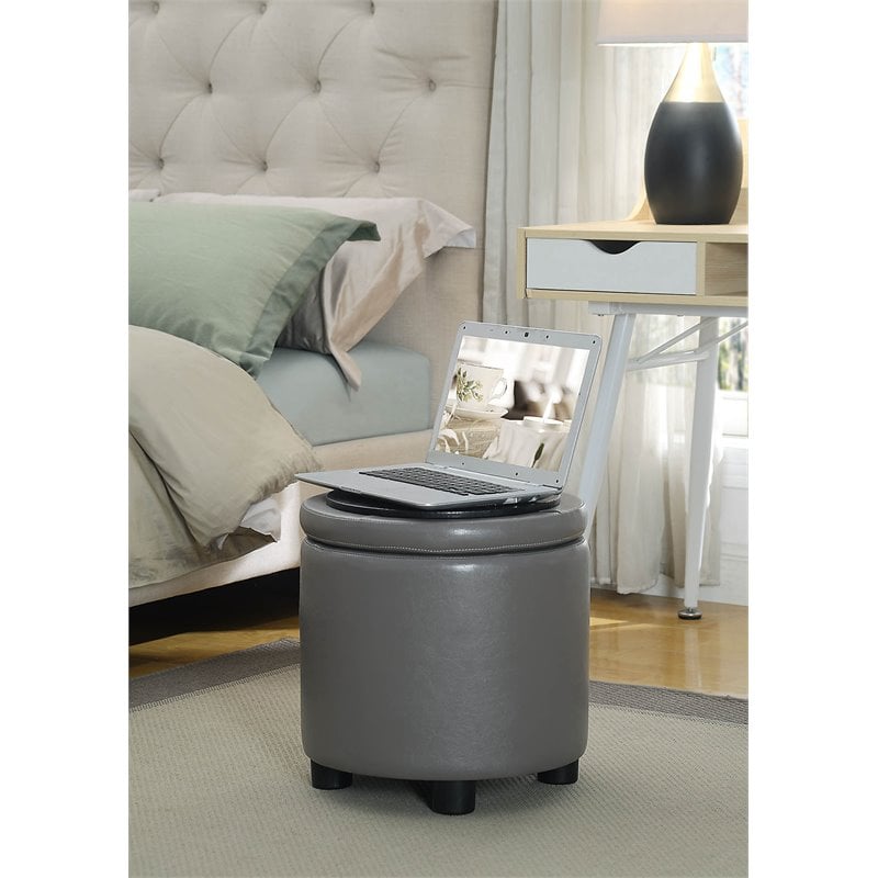 Designs4Comfort Round Accent Storage Ottoman in Gray Faux Leather Fabric