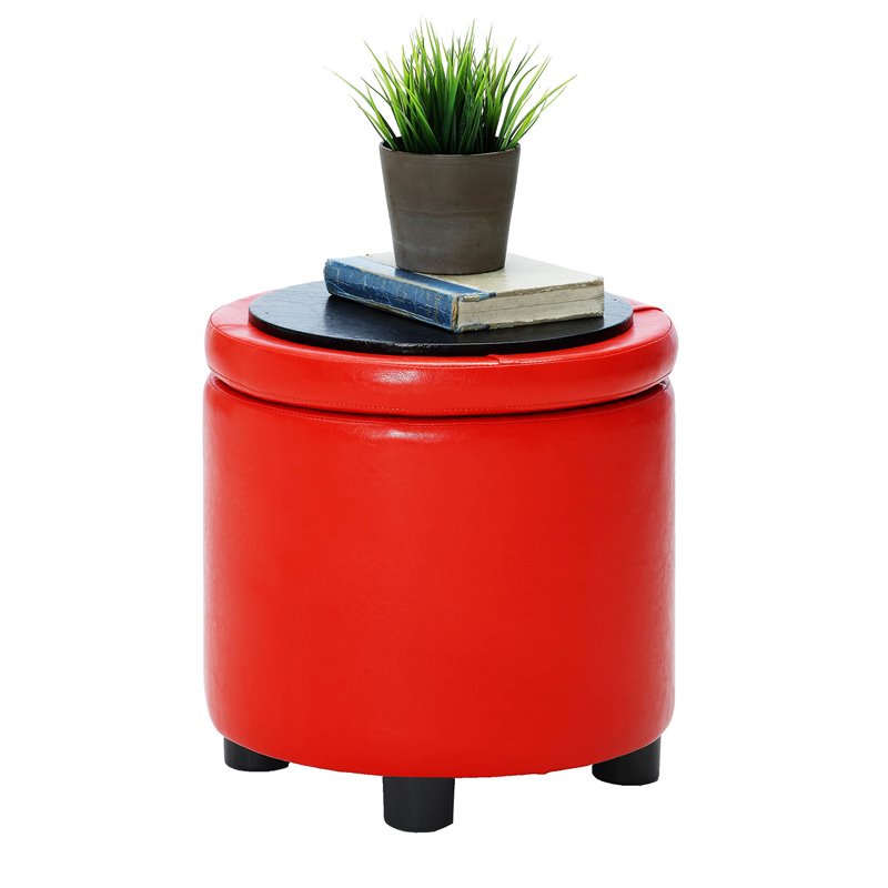 Designs4Comfort Round Accent Storage Ottoman in Red Faux Leather Fabric