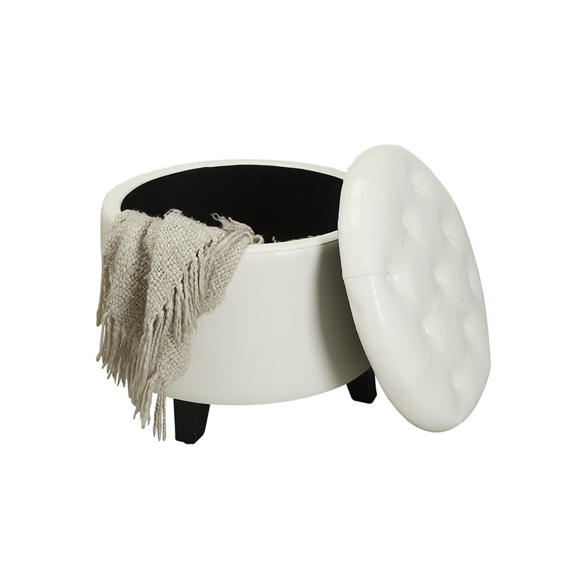 Convenience Concepts Designs4Comfort Round Ottoman in Ivory Faux Leather Fabric
