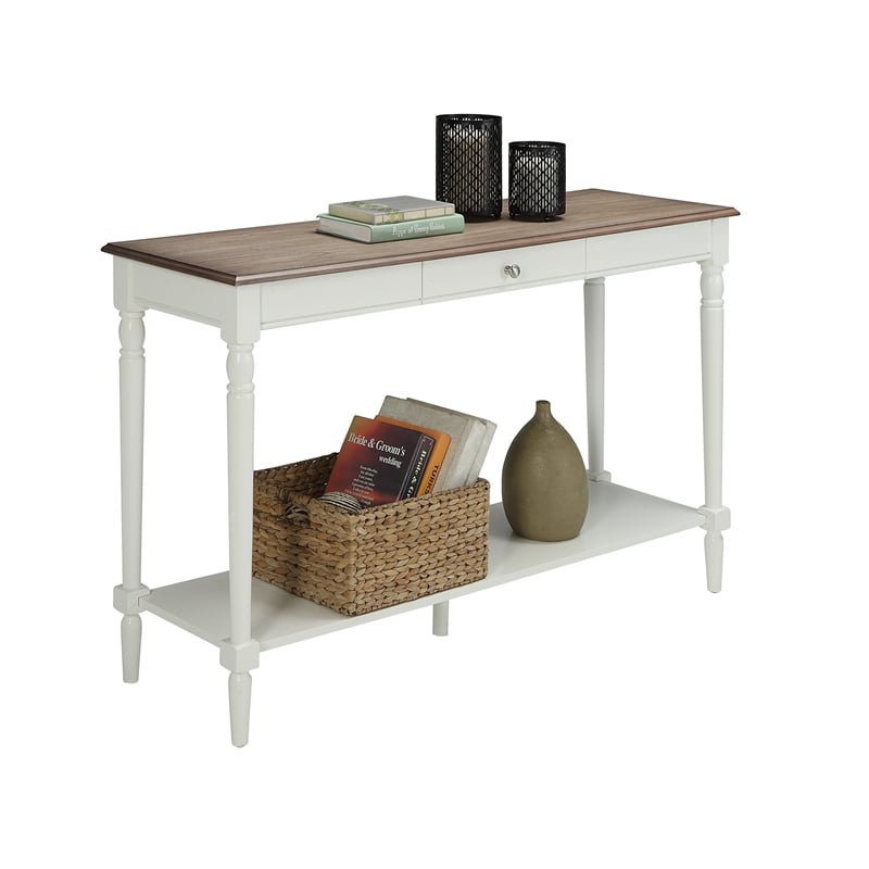 French Country Console Table with Drawer and Shelf in Driftwood and White Wood