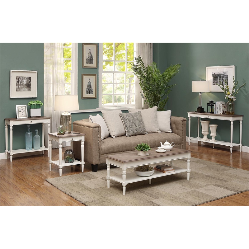 French Country Console Table with Drawer and Shelf in Driftwood and White Wood