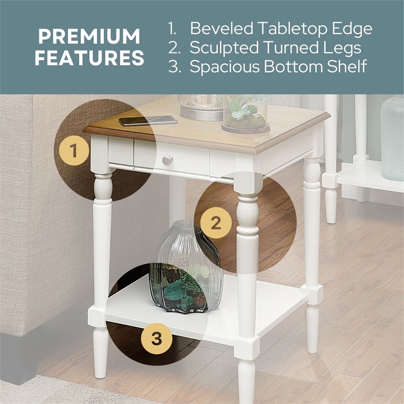 French Country End Table with Drawer and Shelf in Driftwood and White