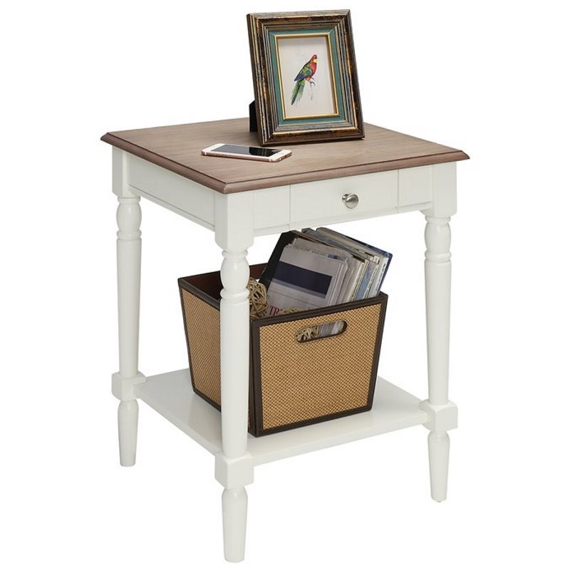 Driftwood//White Convenience Concepts 6042185DFTW French Country End Table with Drawer and Shelf