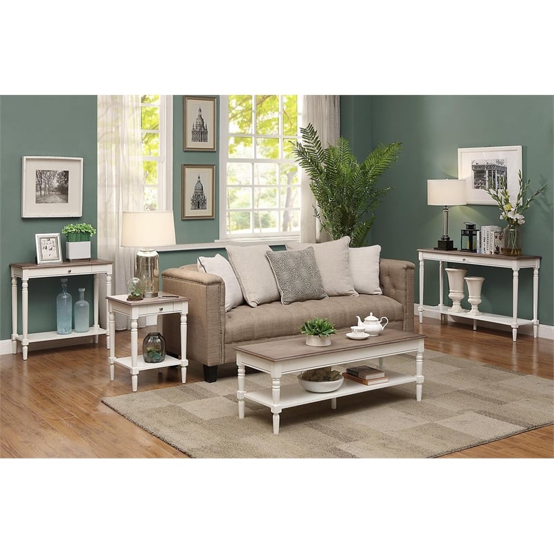 French Country Hall Table with Drawer and Shelf in Driftwood and White Wood