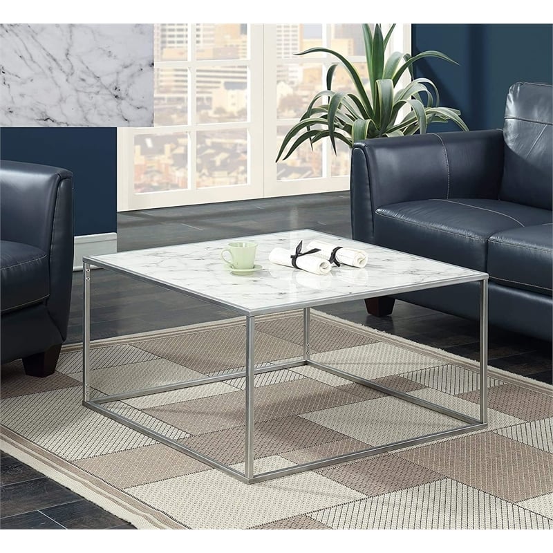 Gold Coast Coffee Table in Black Faux Marble Wood Finish and Silver Metal Frame