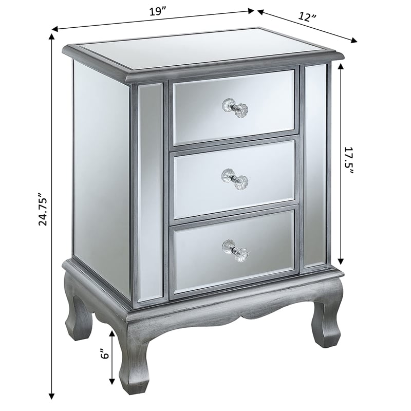 Gold Coast Vineyard Three-Drawer End Table in Mirrored Glass and Silver Wood